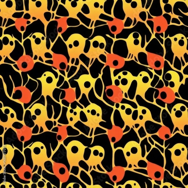 Fototapeta A black and orange patterned background with many small yellow and orange dots