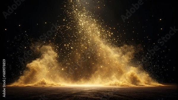 Fototapeta Golden sparkling glitter dust erupts abstract space visual art dark environment aerial view celebration concept