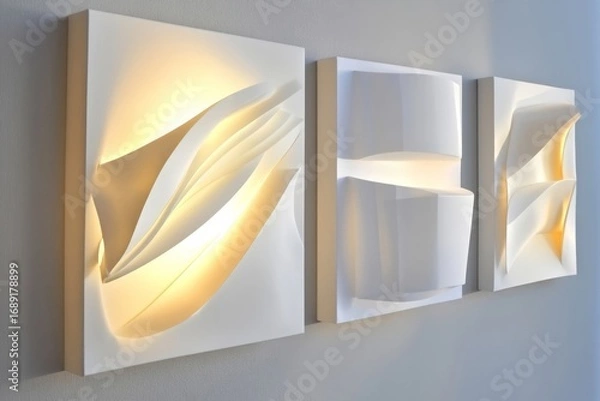 Fototapeta Three white paintings with a light source in the middle