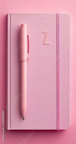 Fototapeta A pink notebook with a matching pen, set against a pink background.  A letter "Z" is subtly imprinted on the cover