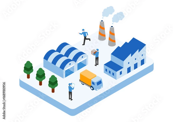 Obraz 工場と物流のアイソメトリックイラスト（倉庫・トラック・作業員）