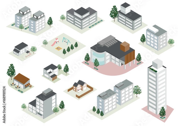Obraz アイソメトリック街並みイラストセット（住宅・ビル・公園）