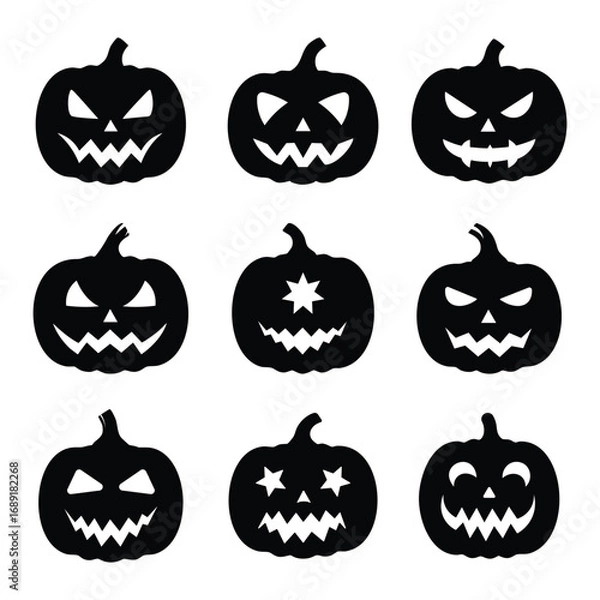 Fototapeta A set of bold black silhouette vector illustrations featuring spooky pumpkin faces. Perfect for Halloween, seasonal decorations, party invitations, posters, and creative graphic design projects