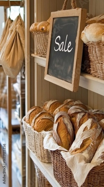 Fototapeta A store with bread on display and a sign that says "Sale"