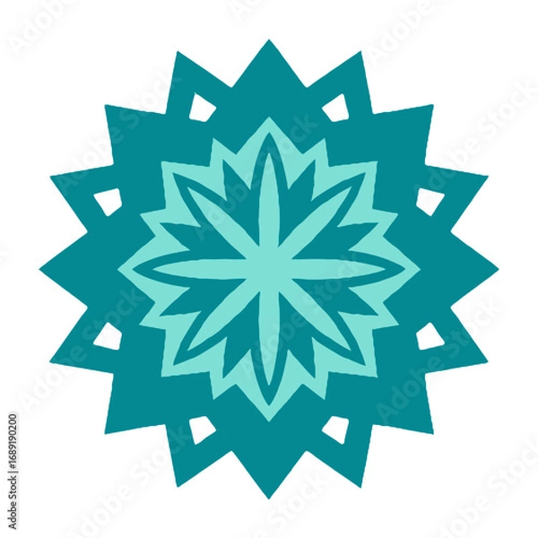 Fototapeta Vector art of geometric mandala in teal and light blue, , intricate symmetrical pattern with sharp points and layered shapes, abstract floral design, digital art, vector graphic