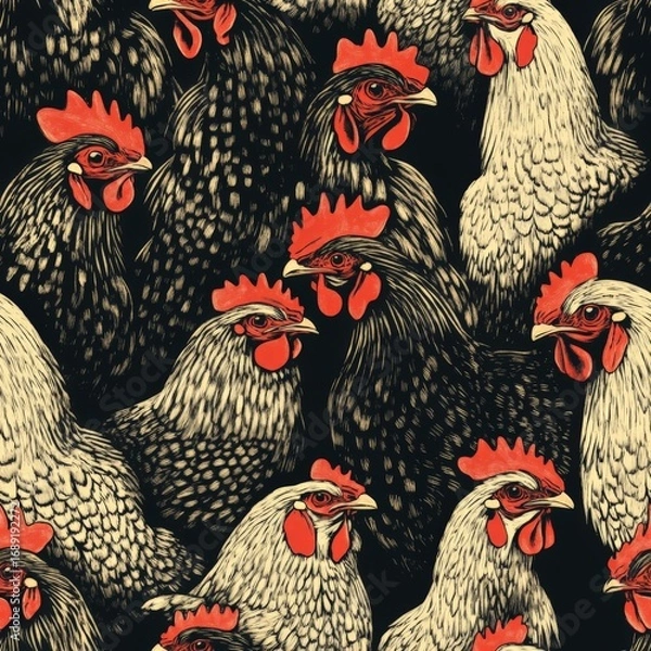 Fototapeta A black and white drawing of a group of chickens with red beaks