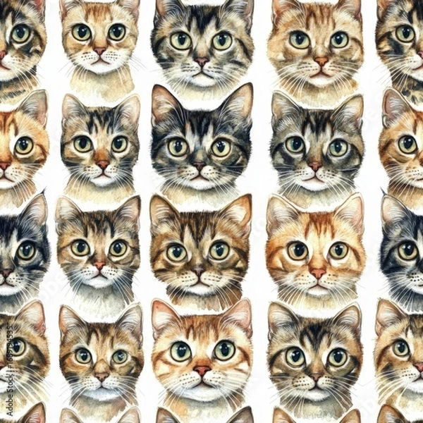 Fototapeta A series of cat faces are painted in various colors and patterns