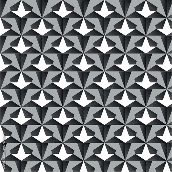 Fototapeta A repeating geometric pattern of stylized arrow-like shapes in shades of gray and white, creating a three-dimensional, tessellated effect.