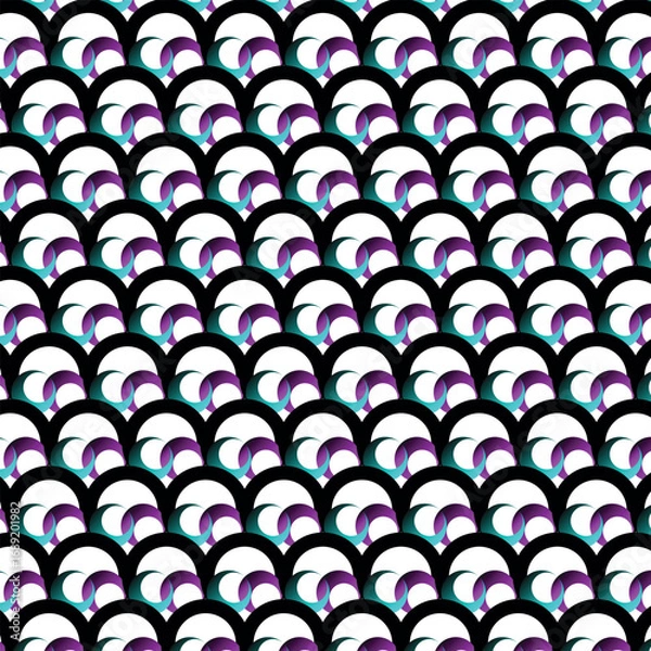 Fototapeta Abstract repeating pattern of stylized, curved shapes in teal, purple, and black on a white background.