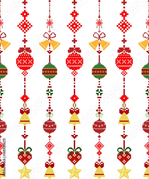 Fototapeta Seamless pixel art holiday celebration vector illustration mobile with a beautiful golden bell and ball hanging decoration pattern for a Christmas and Happy New Year greeting card