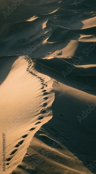 Obraz Sunlit desert sand dunes, with a curving line of footprints traversing the slopes in contrasting light and shadow, showcasing texture and depth
