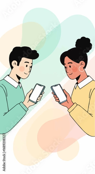 Fototapeta Illustration of a young couple finding a match and connecting through a mobile application on their smartphones, representing modern digital relationships