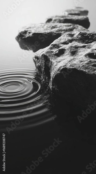 Obraz A series of jagged rocks emerge from still water, rippling outward. Monochrome, minimalist. Soft, natural light and shadow. Textures prominent