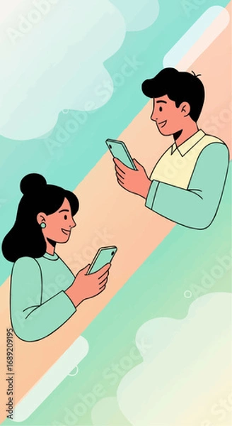 Fototapeta Vector illustration of a man and woman chatting on phones, symbolizing a digital connection and the modern blend of online relationships