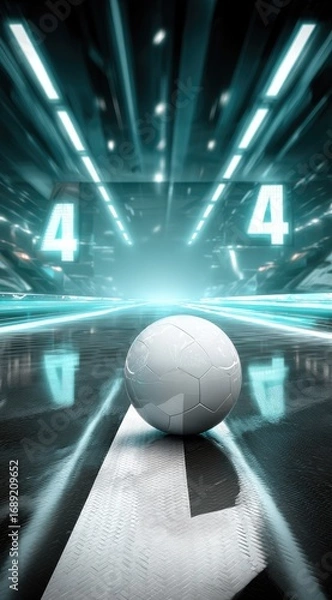 Obraz A white ball sits on a striped surface with number "4" designs in a glowing futuristic corridor background