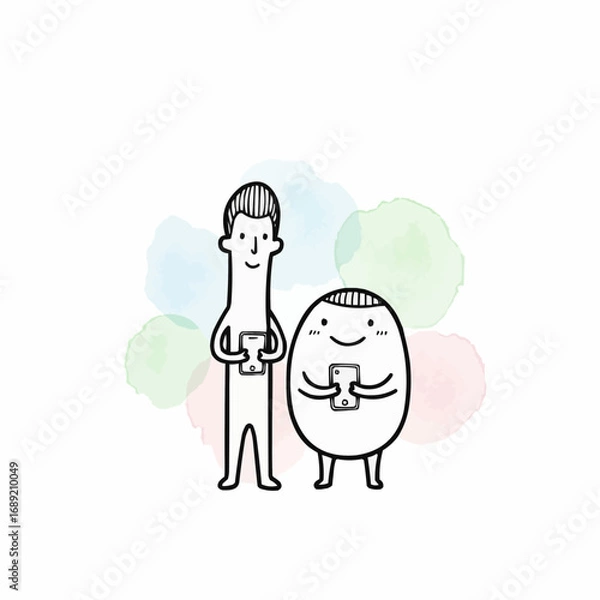 Fototapeta A charming and simple line art drawing of two friends, engrossed in their mobile devices, representing the digital age and online social interaction