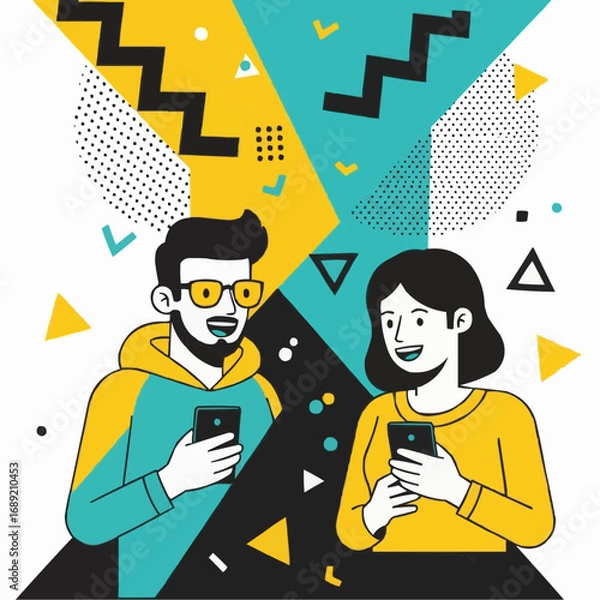 Fototapeta Creative concept of digital interaction and online networking, a couple connected through their mobile phones against an abstract backdrop