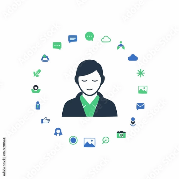 Fototapeta Abstract representation of a user's digital identity and communication hub, featuring a profile icon circled by various online activity symbols