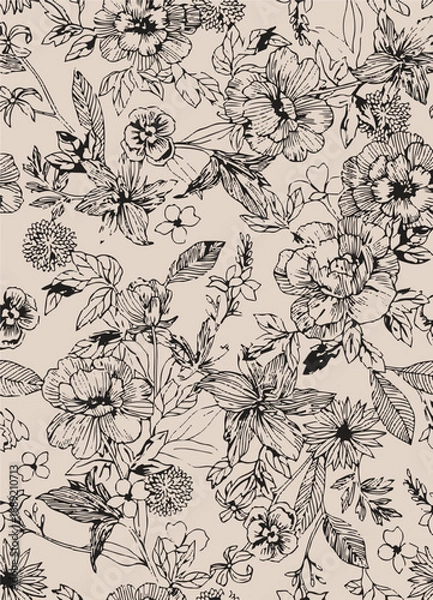 Obraz The modern blue of floral textile tropical bicolor grey and blue flower and leaves miniprint flowers geometric textile for clothes. A Seamless hand drawing pattern.