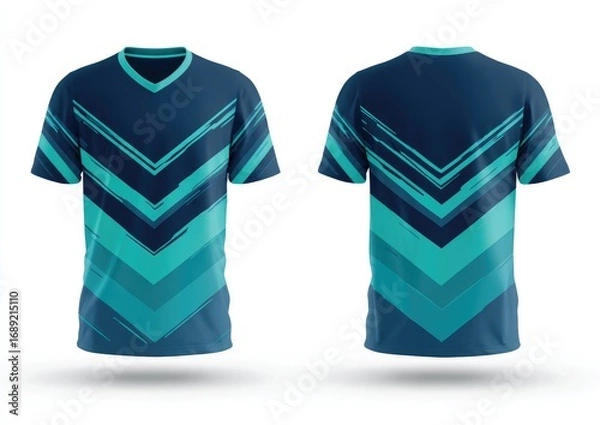 Fototapeta Teal and navy V-neck short-sleeve shirt mockup showcasing a geometric, abstract chevron pattern on front and back views against a white background