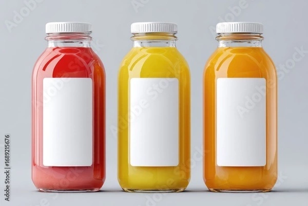 Fototapeta Three glass bottles of vibrant juice (red, yellow, orange) with blank white labels and white caps stand against a neutral gray background