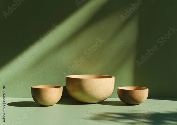 Fototapeta Three light-brown wooden bowls sit on a sage green surface, bathed in diagonal sunlight casting shadows