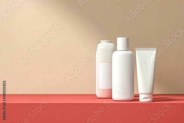 Fototapeta Three minimalist white cosmetic containers?bottle, pump bottle, and tube?sit on a coral shelf against a beige wall, bathed in soft sunlight
