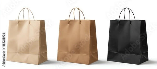 Fototapeta Three paper shopping bags in light brown, medium brown, and black, displayed on a white background.  The bags have simple, slightly twisted rope handles