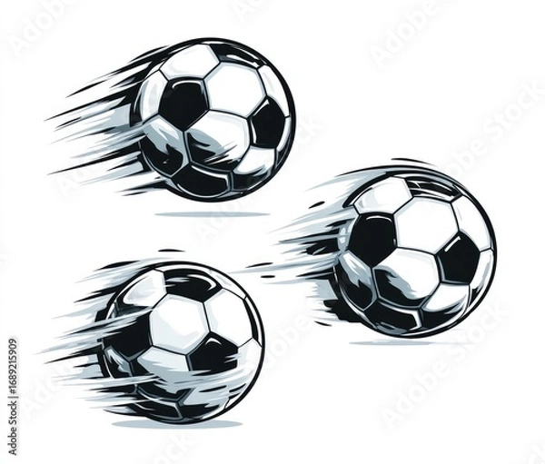 Fototapeta Three monochrome soccer balls depicted in dynamic motion, each with blurred streaks suggesting rapid movement, against a white backdrop