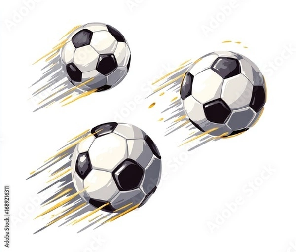Fototapeta Three soccer balls in dynamic motion, depicted with stylized speed lines, against a white background