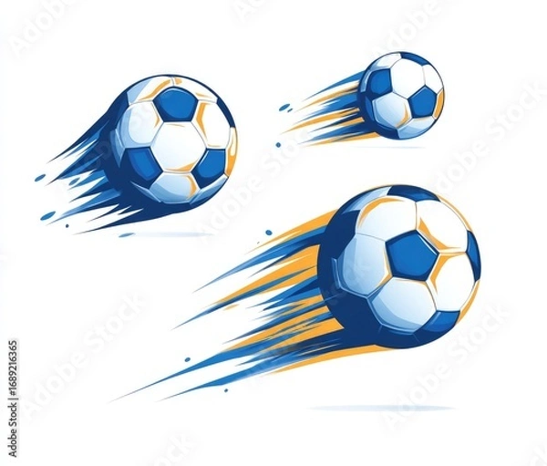 Fototapeta Three soccer balls in motion, depicted with stylized blue and orange speed trails against a white background.  The balls vary slightly in size and position, suggesting movement and speed