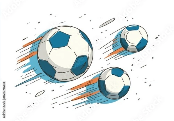 Fototapeta Three soccer balls of varying sizes, sketched in motion with speed lines, against a white background speckled with small dots and dashes