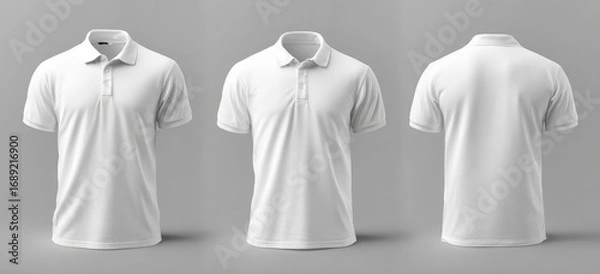 Fototapeta Three views of a plain white short-sleeved polo shirt, front, side, and back, shown against a neutral gray backdrop