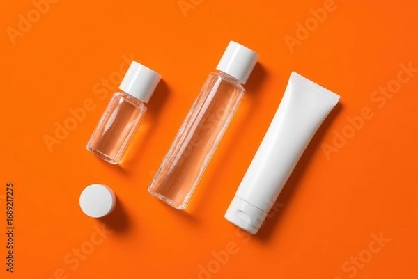 Fototapeta Three white cosmetic containers and a cap on a vibrant orange background; a tall clear bottle, a small square bottle, a tube, and a lid