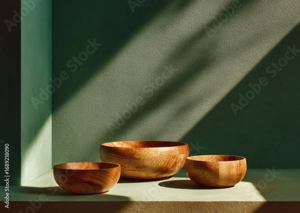 Fototapeta Three wooden bowls of varying sizes sit on a light beige surface against a muted teal wall, bathed in sunlight casting dramatic shadows