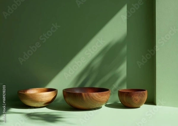 Fototapeta Three wooden bowls of varying sizes sit on a sage green surface, bathed in sunlight casting a palm leaf shadow