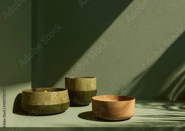 Fototapeta Three wooden bowls, varying in size and tone, rest on a muted green surface, bathed in sunlight casting dramatic shadows against a matching wall