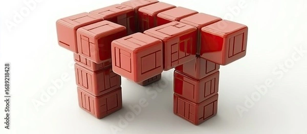 Obraz Glossy Red Modular Cubes Forming a Symmetrical Arch Structure on a Bright White Background