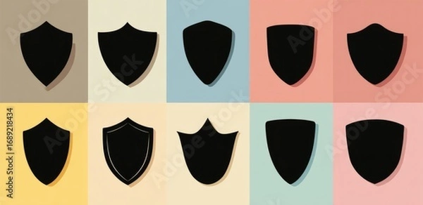 Fototapeta Twelve black shield silhouettes on pastel backgrounds, varying slightly in shape and shadow