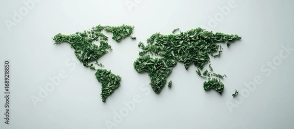 Obraz A Verdant World: Global Map Meticulously Crafted from Fresh Green Leaves on a Pale Background.