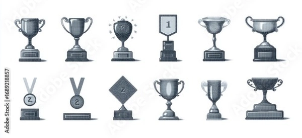 Fototapeta Twelve monochrome illustrations of awards trophies, cups, medals, and plaques, varying in style and placement on bases