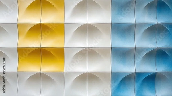 Fototapeta Curved Geometric Panels in a Symmetrical Triptych of Yellow, White, and Blue