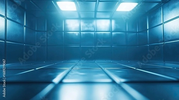Obraz Abstract Futuristic Blue Room with Grid Pattern and Overhead Lights, Empty Clean Technology Space Background