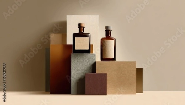 Fototapeta Two amber glass bottles with blank labels sit atop muted earth-toned geometric blocks against a neutral background, creating a minimalist product display