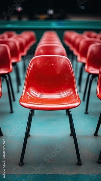 Obraz Red Plastic Chairs in Rows: Perspective, Color, and Texture.
