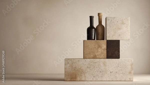 Fototapeta Two dark and light glass bottles rest atop a beige and brown stone cube arrangement against a muted beige wall