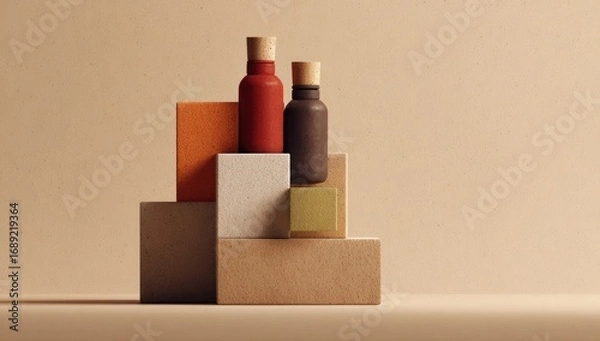 Fototapeta Two dark-colored bottles with wood caps rest on a stack of earthy-toned geometric blocks against a muted beige background
