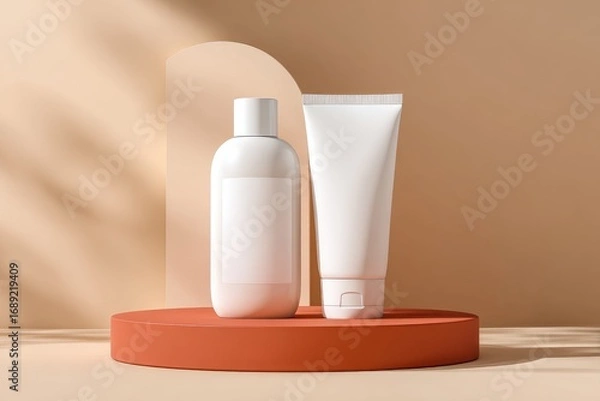Fototapeta Two minimalist white cosmetic containers, a bottle and a tube, sit on a terracotta-colored circular platform against a beige backdrop with sunlight shadows