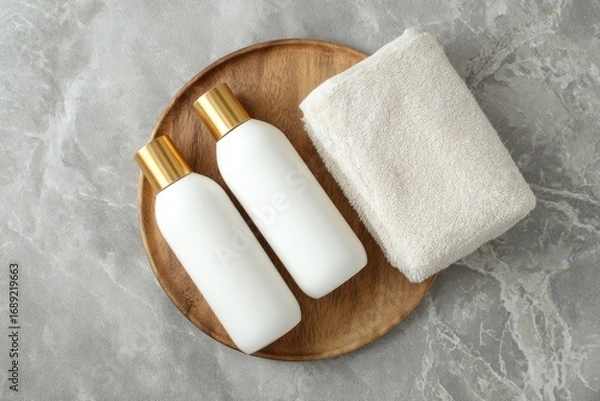 Fototapeta Two white bottles with gold caps rest on a round wooden tray alongside a fluffy off-white towel, all atop a mottled gray surface