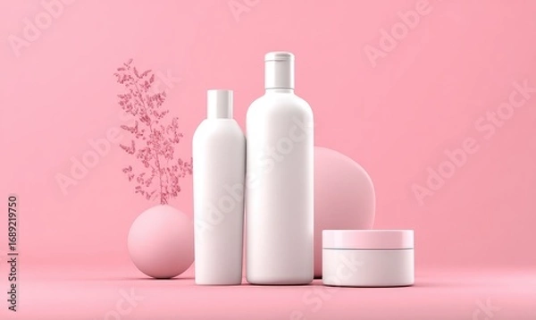 Fototapeta Two white cosmetic bottles, a jar, and a pink plant on a pink background with geometric shapes